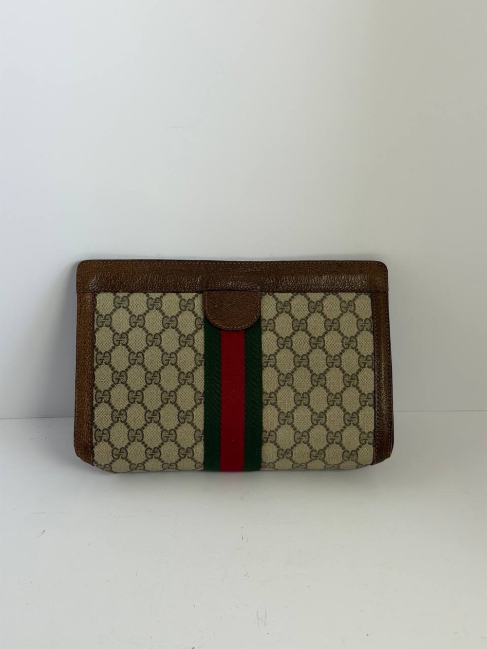 Vintage Gucci GG Monogram Clutch with a Red and Green Web Stripe
